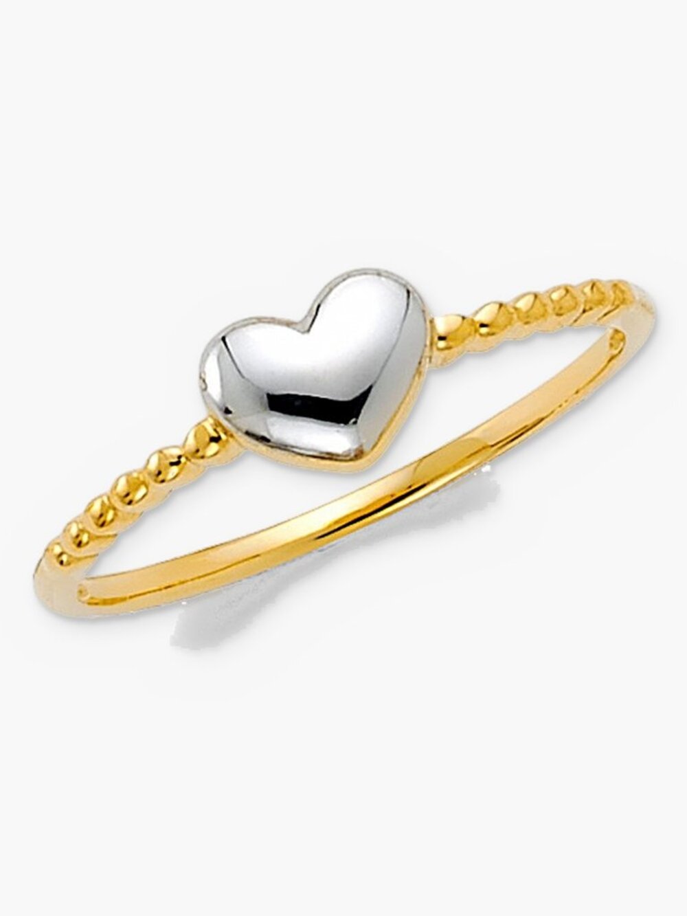 14K Solid Gold Two-Tone Heart Ring White Gold Heart Beaded Band Dainty Ring